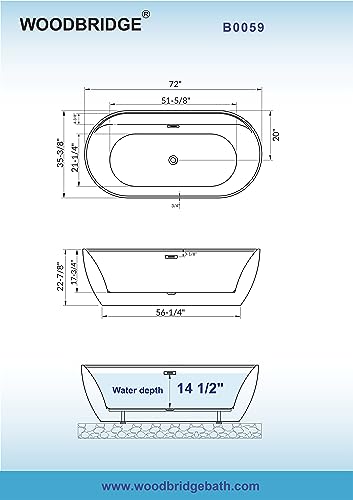 WOODBRIDGE 72" Acrylic Freestanding Bathtub Contemporary Soaking White Tub with Brushed Nickel Overflow and Drain,B0059-BN