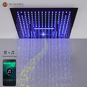 MONDAWE 64-Color Thermostatic Rain Shower System with Body Jets, 16 Inch Flush-Mounted Waterfall Shower Faucet Set with Smart LED Light & Bluetooth Music, Matte Black