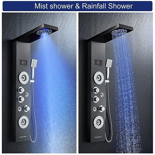 ROVATE LED Shower Panel Tower System with Rainfall and Mist Shower Head, 6-in-1 Shower Tower with Jets and Handheld and Digital Temperature Display, Black Shower Column High Pressure with Tub Spout