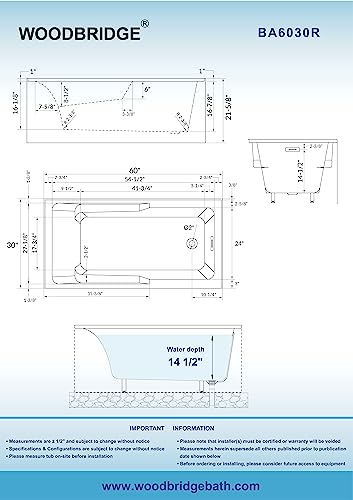 WOODBRIDGE 60" Acrylic Rectangular Alcove Soaking Bathtub in White with Right Drain, Brushed Nickel Pop-Up Drain Included BA6030R