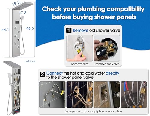 ROVOGO Led Shower Panel Tower System No Battery Needed, Rainfall & Mist Shower Head, Body Jets, Handheld, Tub Spout and Temp Display, Shower Column Stainless Steel Brushed