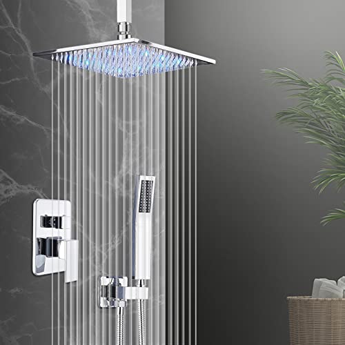 Saeuwtowy 12 Inches LED Shower Head with Brass Handheld Shower Head Shower System Luxury Shower Faucets Sets Complete Shower Combo Set Rough-in Valve Body and Trim Kit Included 1