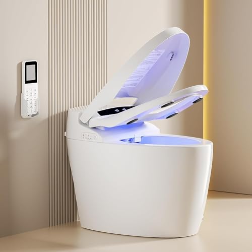 Loupusuo Smart Bidet Toilet, One Piece Bidet Toilet for Bathrooms with Warm Water,Dual Auto Flush, Foot Sensor Operation, Heated Bidet Seat,Electric Tankless Toilets with LED Display