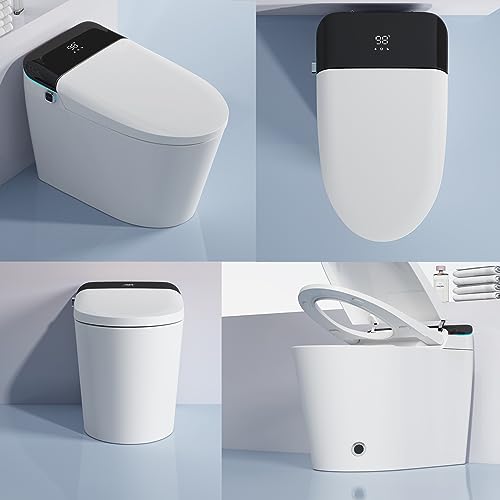 BIASUNS Modern Smart Toilet with Auto Flush, Foot Sensor Flush, One Piece Bidet Toilet with Warm Water, Heated Bidet Seat, Warm Air Drying, Tankless Toilets with Remote Control, Elongated