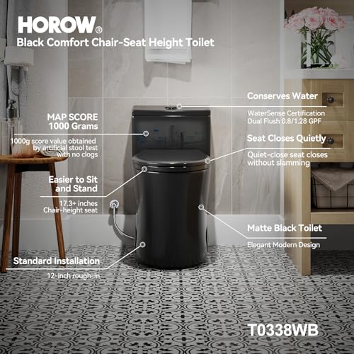 HOROW T0338WB Elongated One Piece Toilet Black, Compact Modern Toilet with Comfortable Seat Height, ADA Chair Height 17.3", Power Dual Flush 0.8/1.28 GPF & MAP 1000g, Matte Black, 12" Rough-in