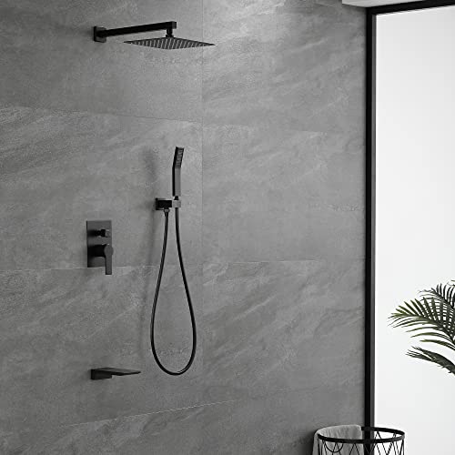 SHAMANDA Shower System with Waterfall Tub Spout and Handheld Shower Head, 10" Rain Shower Faucet Sets Complete with Shower Round-in Valve and Trim Wall Mount, Matte Black, L1010-7