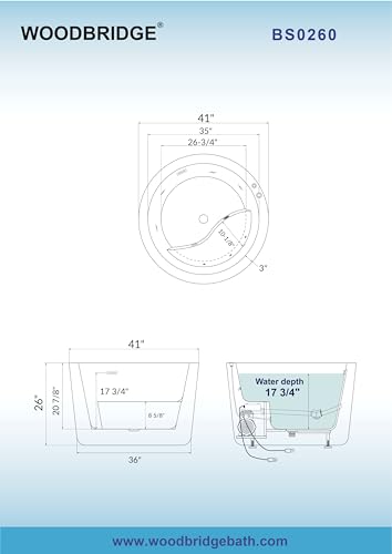 WOODBRIDGE 41" Acrylic Freestanding Round Contemporary Whirlpool Heated Jetted Tub with Pre-molded Seat and Chrome Pop-Up Drain and Overflow, White, BS0260