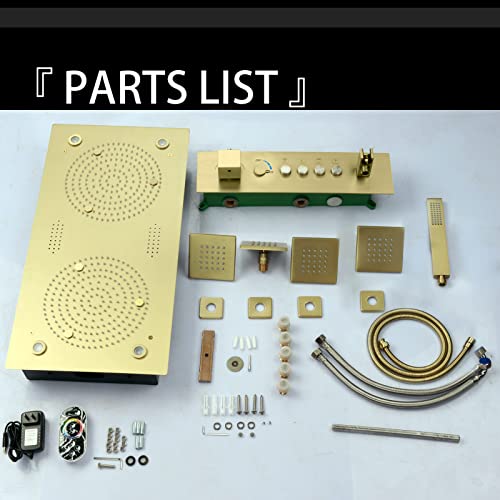 Brushed Gold Thermostatic Rain LED Shower System With Spa Body Jets, 12.5X24.5 Inch Large Horizontal Rectangle Ceiling Shower Head, Double Bath Shower Set Flow Can Be Controlled