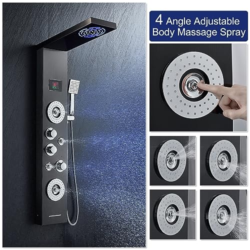ROVATE LED Shower Panel Tower System with Rainfall and Mist Shower Head, 6-in-1 Shower Tower with Jets and Handheld and Digital Temperature Display, Black Shower Column High Pressure with Tub Spout