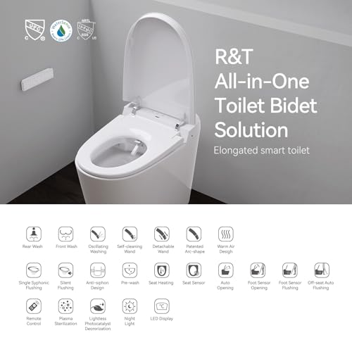 R&T Smart Toilet With Bidet Built In, One-piece Intelligent Toilet for Bathroom with Auto Flushing, Foot Sensor, Elongated Heated Bidet Seat, Remote Control Warm Water, Warm Air Drying Toilet