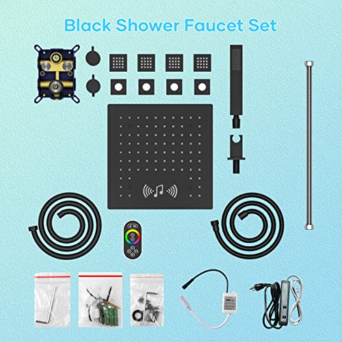 Full Body Shower System with Body Jets Matte Black, Smart Shower System with LED Light & Music, 12" Thermostatic Shower System, Rain Shower System with Bluetooth