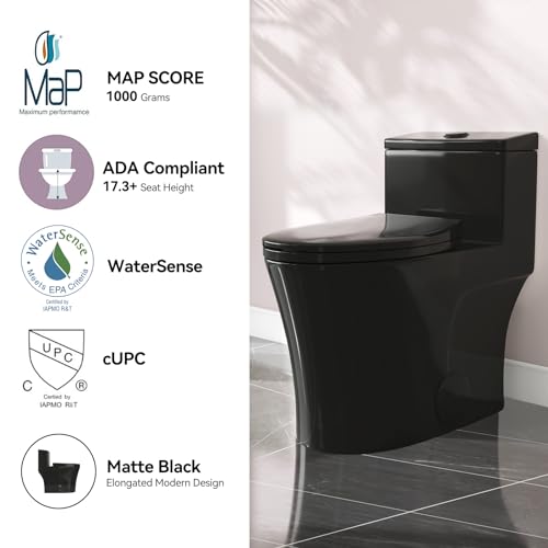 HOROW T0338WB Elongated One Piece Toilet Black, Compact Modern Toilet with Comfortable Seat Height, ADA Chair Height 17.3", Power Dual Flush 0.8/1.28 GPF & MAP 1000g, Matte Black, 12" Rough-in