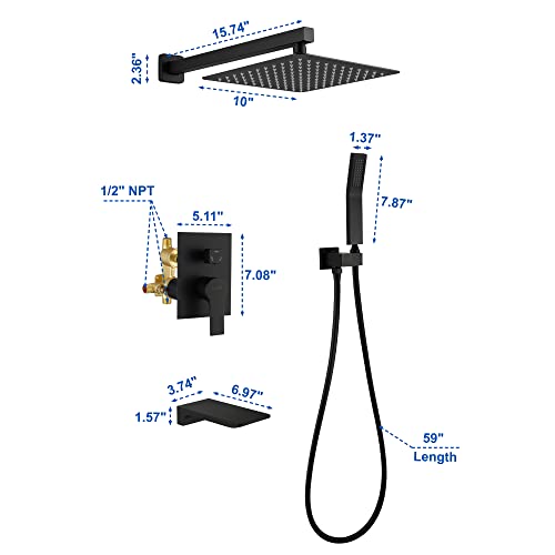SHAMANDA Shower System with Waterfall Tub Spout and Handheld Shower Head, 10" Rain Shower Faucet Sets Complete with Shower Round-in Valve and Trim Wall Mount, Matte Black, L1010-7