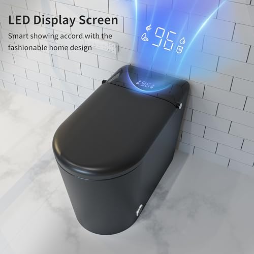 Smart Toilet with Bidet Built in, Auto Open & Close, Elongated Heated seat, Foot Sensor Flush, LED Display, Warm Water Wash, Dryer, Night Light, Black