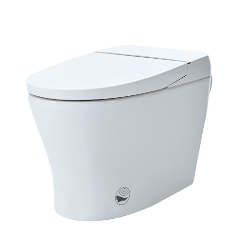 Heated Seat Smart Toilet without Bidet, Upmarket Compact Dual Flush Toilet 1/1.28 GPF, Tank Less Toilet with Adjustable Temp, Foot Sensor Flush, White Night Light, Knob Control, Power Out