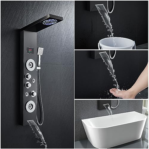 ROVATE LED Shower Panel Tower System with Rainfall and Mist Shower Head, 6-in-1 Shower Tower with Jets and Handheld and Digital Temperature Display, Black Shower Column High Pressure with Tub Spout