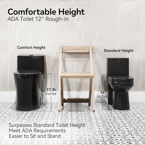 HOROW T0338WB Elongated One Piece Toilet Black, Compact Modern Toilet with Comfortable Seat Height, ADA Chair Height 17.3", Power Dual Flush 0.8/1.28 GPF & MAP 1000g, Matte Black, 12" Rough-in