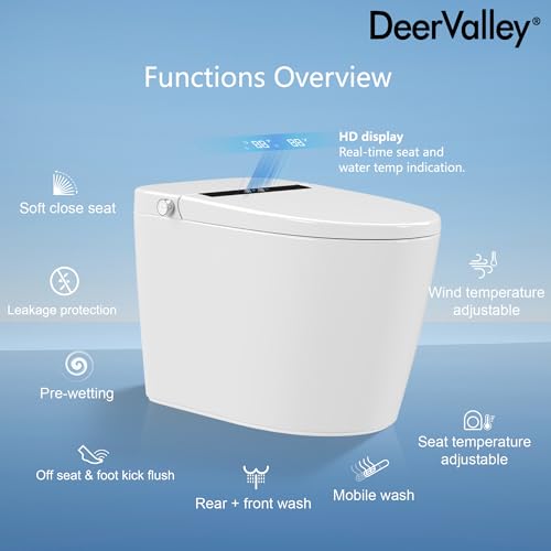 DeerValley Smart Toilet, Tankless Elongated Electric One Piece Toilet with Smart Bidet, Smart Toilet Bidet Seat 1.28 GPF for in White with Seat Heating, Remote Control