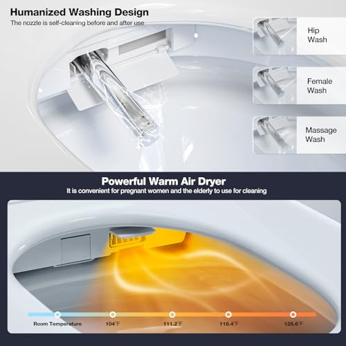IKIFLY Smart Toilet with Bidet Built in, One Piece Tankless Toilet with Adjustable Heated Seat, Auto Flush, Warm Water Sprayer and Dryer, Foot Sensor Operation, Remote Control, Night Light, Elongated