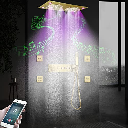 Brushed Gold Thermostatic Rain LED Shower System With Spa Body Jets, 12.5X24.5 Inch Large Horizontal Rectangle Ceiling Shower Head, Double Bath Shower Set Flow Can Be Controlled