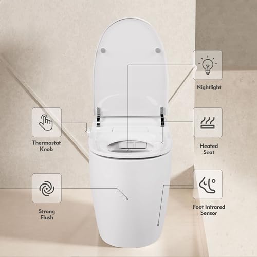 HZANHY Smart Toilet, Heated Seat One Piece Toilet, Automatic Flush Tank Less Toilet without Bidet, with Foot sensor Flush, White Night Light, Knob Control, Power Outage Flushing, Soft Close Cover