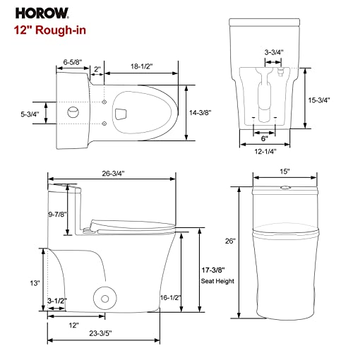 HOROW T0338WB Elongated One Piece Toilet Black, Compact Modern Toilet with Comfortable Seat Height, ADA Chair Height 17.3", Power Dual Flush 0.8/1.28 GPF & MAP 1000g, Matte Black, 12" Rough-in