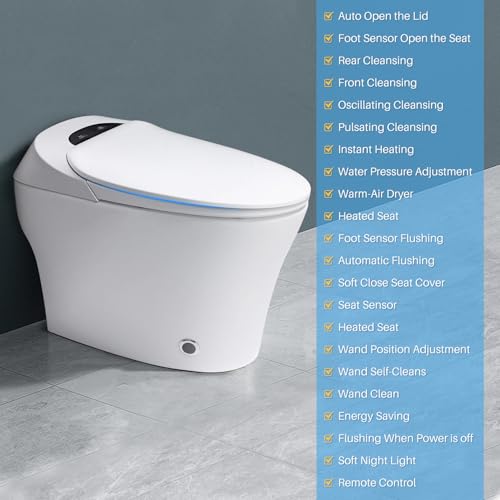 Smart Toilet with Remote/Foot Sensor/Heated Seat/Various Washing Settings, One-Piece-Bidet-Toilet with Knob Control/Auto Shut-off