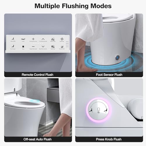 IKIFLY Smart Toilet with Bidet Built in, One Piece Tankless Toilet with Adjustable Heated Seat, Auto Flush, Warm Water Sprayer and Dryer, Foot Sensor Operation, Remote Control, Night Light, Elongated