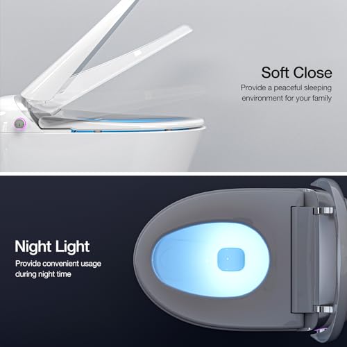 IKIFLY Smart Toilet with Bidet Built in, One Piece Tankless Toilet with Adjustable Heated Seat, Auto Flush, Warm Water Sprayer and Dryer, Foot Sensor Operation, Remote Control, Night Light, Elongated