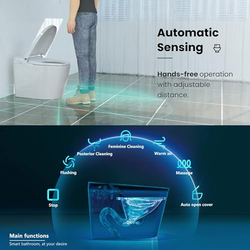 EUROTO Luxury Smart Toilet – Sleek Tankless Design with Foot-Kick Sensor, Heated Seat, Warm Dryer, Adjustable Water Pressure, Auto Open/Close Lid, Dual Flush, Night Light & Remote Control