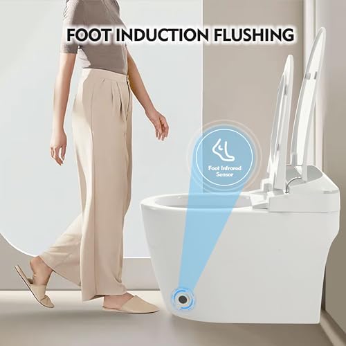 HZANHY Smart Toilet, Heated Seat One Piece Toilet, Automatic Flush Tank Less Toilet without Bidet, with Foot sensor Flush, White Night Light, Knob Control, Power Outage Flushing, Soft Close Cover