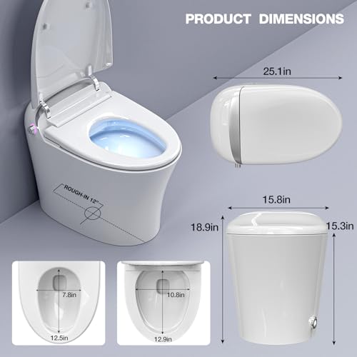IKIFLY Smart Toilet with Bidet Built in, One Piece Tankless Toilet with Adjustable Heated Seat, Auto Flush, Warm Water Sprayer and Dryer, Foot Sensor Operation, Remote Control, Night Light, Elongated