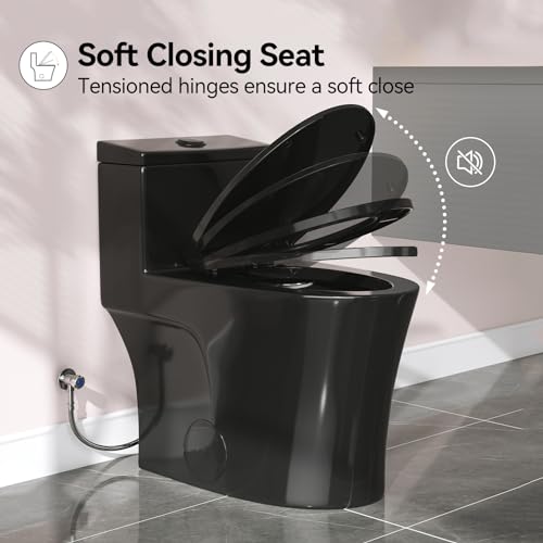HOROW T0338WB Elongated One Piece Toilet Black, Compact Modern Toilet with Comfortable Seat Height, ADA Chair Height 17.3", Power Dual Flush 0.8/1.28 GPF & MAP 1000g, Matte Black, 12" Rough-in