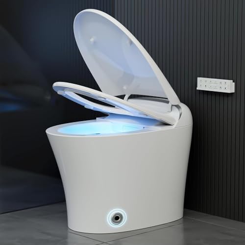 IKIFLY Smart Toilet with Bidet Built in, One Piece Tankless Toilet with Adjustable Heated Seat, Auto Flush, Warm Water Sprayer and Dryer, Foot Sensor Operation, Remote Control, Night Light, Elongated