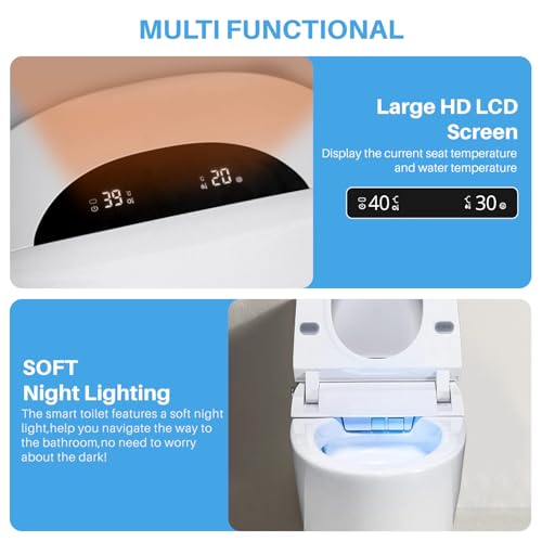 Smart Toilet with Remote/Foot Sensor/Heated Seat/Various Washing Settings, One-Piece-Bidet-Toilet with Knob Control/Auto Shut-off