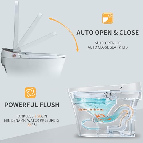 Casta Diva Smart Toilet with Heated Seat and Bidet, Auto Open/Close Lid, Foot Kick Flush, Off-Seat Auto Flush, Black Marbling Cover with Digital Display, 1.28GPF Toilets with Remote