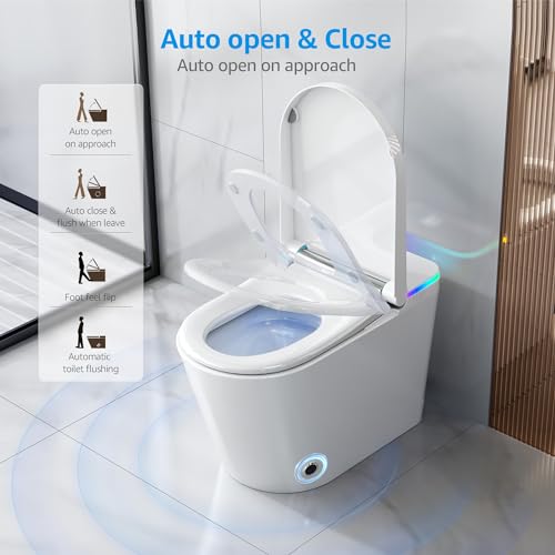 Tankless Smart Toilet with Built-In Bidet, Heated Seat, Warm Water and Dry, Simple Installation, with Foot Sensor and Night Light, Auto Flush, Auto Open & Close Lid, Wireless Remote Control