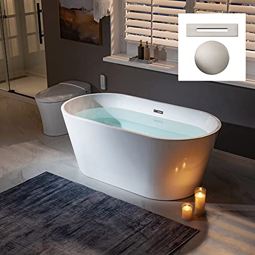 WOODBRIDGE 59" Acrylic Freestanding Bathtub Contemporary Soaking White Tub with Brushed Nickel Overflow and Drain,B0014 -B/N-Drain &O