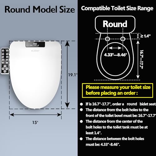 WLJBIDET Round Bidet Toilet Seat,Electronic Heated Smart Toilet Seat with Unlimited Heated Water and Warm Air Dryer,Adjustable Temperature,Self-Cleaning Stainless Steel Nozzle,Side Panel Control