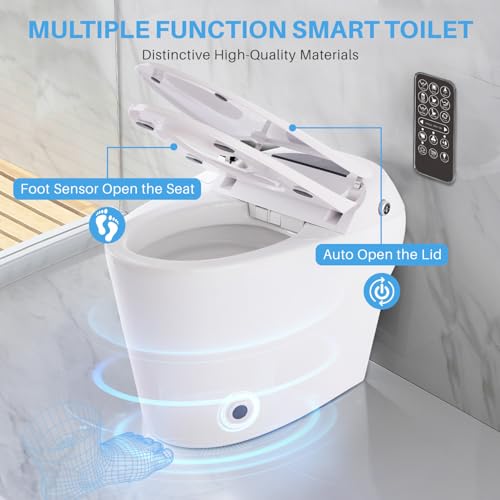 Smart Toilet with Remote/Foot Sensor/Heated Seat/Various Washing Settings, One-Piece-Bidet-Toilet with Knob Control/Auto Shut-off