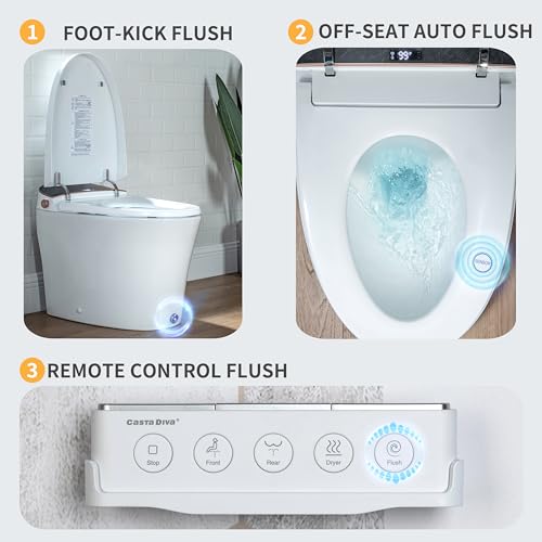 Casta Diva Smart Toilet with Heated Seat and Bidet, Auto Open/Close Lid, Foot Kick Flush, Off-Seat Auto Flush, Black Marbling Cover with Digital Display, 1.28GPF Toilets with Remote