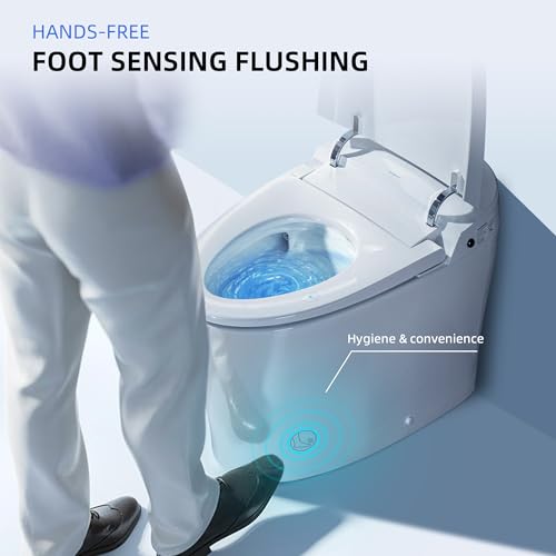 WOODBRIDGE B0970S One Piece Elongated Smart Tankless Bidet Toilet, ADA Height, Auto Flush, Foot Sensor Operation, Heated Seat with Integrated Multi Function Remote Control in White