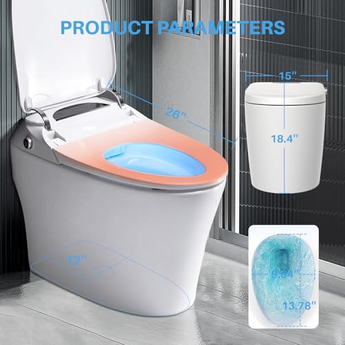 Smart Toilet with Remote/Foot Sensor/Heated Seat/Various Washing Settings, One-Piece-Bidet-Toilet with Knob Control/Auto Shut-off