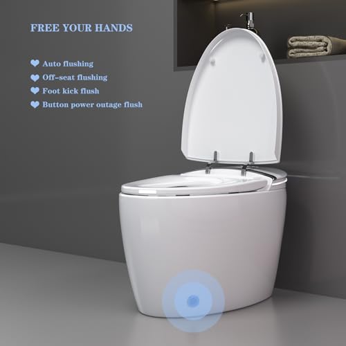 Smart Bidet Toilet with Off-seat Auto Flush, Foot Sensor Flush, Power Outage Flush, Mini Intelligent Smart Toilet with Heated Seat, LED Night Light, Side Button, Easy to Use.