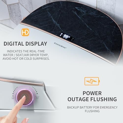 Casta Diva Smart Toilet with Heated Seat and Bidet, Auto Open/Close Lid, Foot Kick Flush, Off-Seat Auto Flush, Black Marbling Cover with Digital Display, 1.28GPF Toilets with Remote