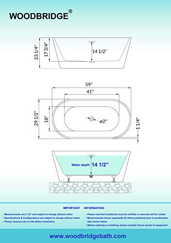 WOODBRIDGE 59" Acrylic Freestanding Bathtub Contemporary Soaking White Tub with Brushed Nickel Overflow and Drain,B0014 -B/N-Drain &O