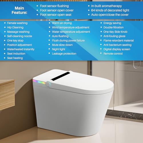 Smart Toilet, One Piece Tankless Bidet Toilet with Auto Flush Auto Open & Close Lid Foot Sensor Heated Seat Warm Water Sprayer & Dryer LED Nightlight, Remote and Knob Control