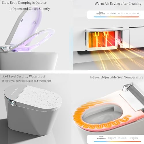Loniko Smart Toilet with Bidet Built in, Auto Open & Close, Foot Sensing Bidet Toilet Combo with Auto Flush, Remote Control Warm Water, Elongated Heated Bidet Seat, Dryer, Water Tankless, LED Light