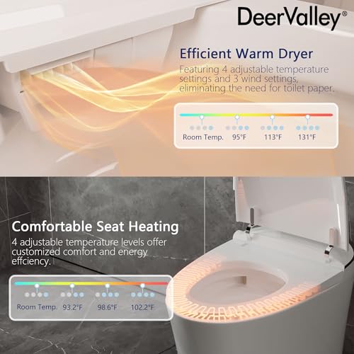 DeerValley Smart Toilet, DV-1S0019-V3 One Piece Smart Toilet with Bidet Built in, Elongated Toilet with Quiet-Closed Heated Seat Sensor, Auto Close/Open, Auto Flush, Warm Wash, Night Light