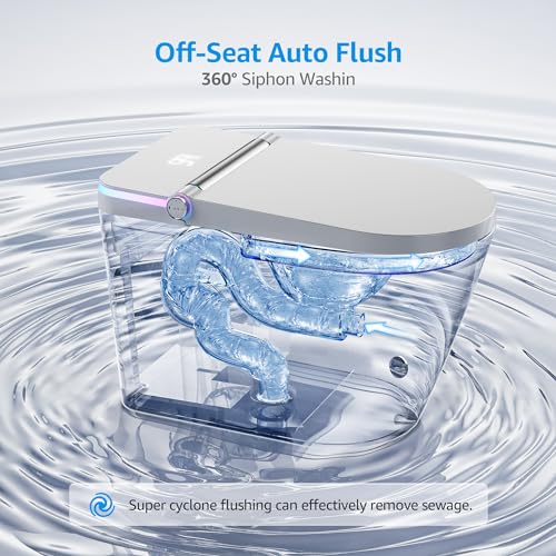 Tankless Smart Toilet with Built-In Bidet, Heated Seat, Warm Water and Dry, Simple Installation, with Foot Sensor and Night Light, Auto Flush, Auto Open & Close Lid, Wireless Remote Control
